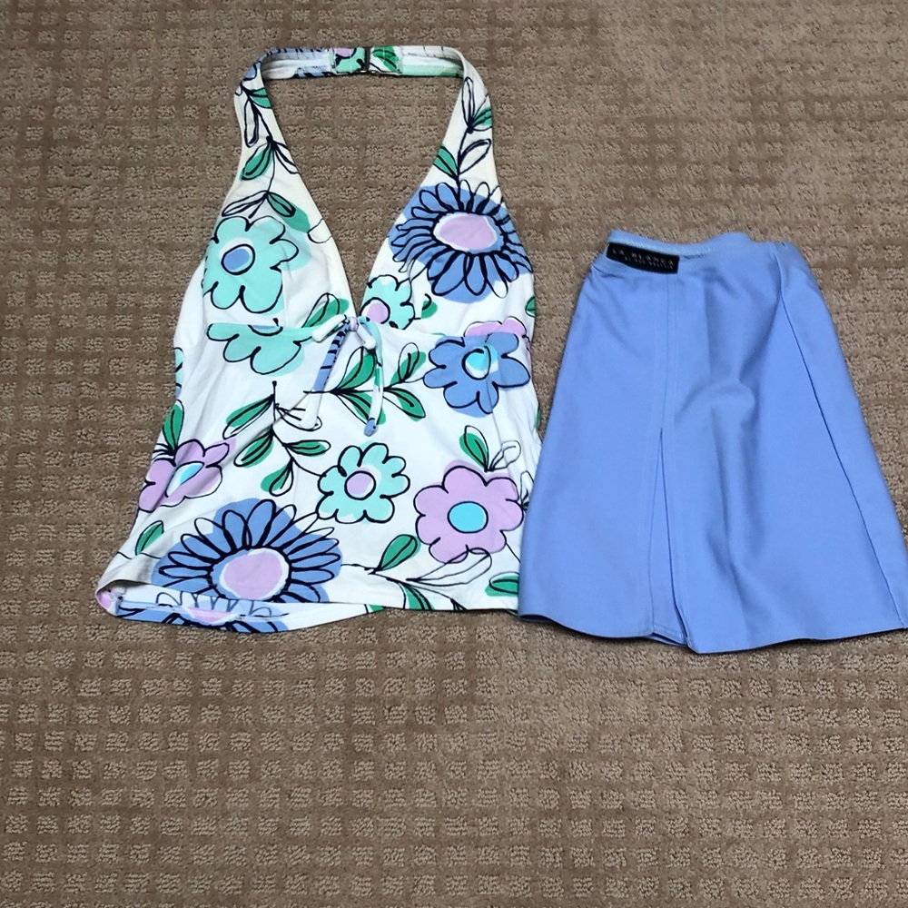 Floral Halter Swim Top and Blue Skirt Set